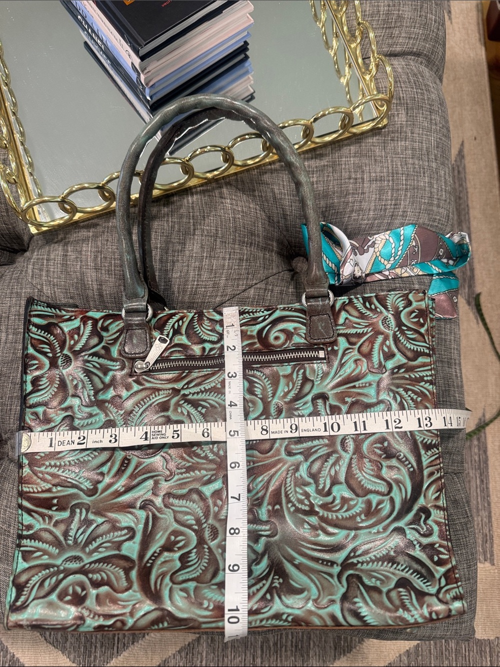 Patricia Nash Bag Vintage Tooled Turquoise and Brown Embossed Tote - Picture 17 of 17